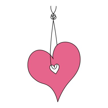 Kalp bir düğümle bir ipliğe tutunur. Romantik etiket. Renkli vektör çizimi. Sevgililer Günü. Asma süslemesi. Aşkın sembolü bir ipten askıya alınmıştır. Dekoratif kolye. Çizgi film tarzı. İzole edilmiş beyaz arka plan. Web tasarımı için fikir.