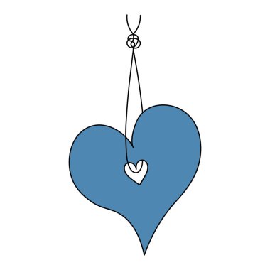 Kalp bir düğümle bir ipliğe tutunur. Romantik etiket. Renkli vektör çizimi. Sevgililer Günü. Asma süslemesi. Aşkın sembolü bir ipten askıya alınmıştır. Dekoratif kolye. Çizgi film tarzı. İzole edilmiş beyaz arka plan. Web tasarımı için fikir.