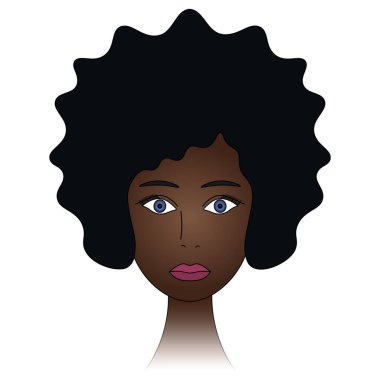 Mavi gözlü kadınların yüzü. Afrikalı Amerikalı kadın. Dolgun dudaklı bir kızın kafası. Renkli vektör çizimi. Lüks afro saç stili. Çizgi film tarzı. İzole edilmiş beyaz arka plan. Bir kitap fikri, web tasarımı. Gizemli kadın portresi.