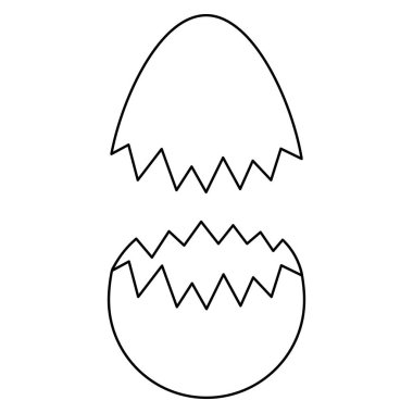Kırık yumurta kabuğu. Robot resim. Tavuk yumurtasından iki deniz kabuğu. Vektör çizimi. Çocuklar için boyama kitabı. Yumurta kabuğu parçaları. Zigzag kenarı. Doodle tarzı. İzole edilmiş beyaz arka plan. Web tasarımı, davetiyeler, kartpostallar için fikir. Hafif Paskalya.