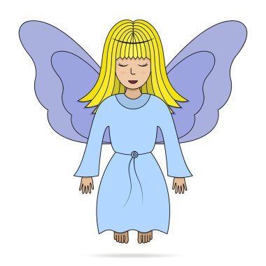 Meleğim. Renkli vektör çizimi. Kanatlı kız. Peri kadın gözlerini kapattı. Küçük büyücü kadın uçuyor. İzole edilmiş beyaz arka plan. Çizgi film tarzı. Kutlama baskısı. Web tasarımı, davetiyeler, kartpostallar için fikir. Hafif Paskalya.
