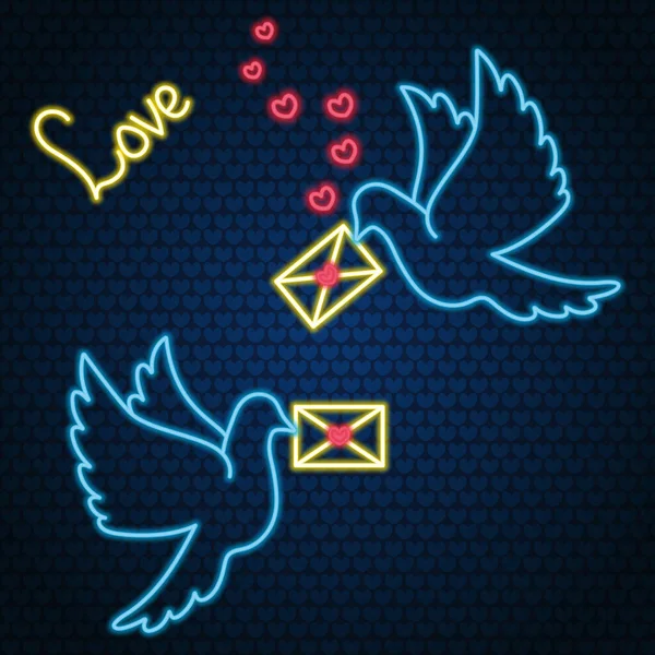 Два Белых Голубя Несут Любовные Письма Адресатам Неоновое Свечение Цветная — стоковый вектор