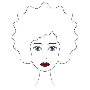 Hanımefendinin yüzü. Afrikalı Amerikalı kadın. Robot resim. Mavi gözlü bir kızın kafası. Vektör çizimi. Lüks afro saç stili. Dolgun dudaklar, kırmızı rujla boyanmış. İzole edilmiş beyaz bir arkaplanda özet geç. Bir kitap fikri, web tasarımı. Kadın portresi.