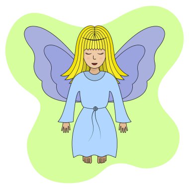 Kanatlı melek. Renkli vektör çizimi. Sarışın kız. Peri kadın gözlerini kapattı. Küçük büyücü kadın uçuyor. İzole edilmiş yeşil arka plan. Çizgi film tarzı. Kutlama baskısı. Web tasarımı, davetiyeler, kartpostallar için fikir. Hafif Paskalya.