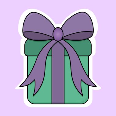 Kutuda bir hediye. Beyaz sırtlı bir çıkartma. Sürpriz kutu bir yayla bağlanmış. Renkli vektör çizimi. İzole edilmiş narin bir arka plan. Çizgi film tarzı. Web tasarımı, çıkartma, davetiye, kartpostal fikri. Tatil paketlerinin teslimatı. Doğum günü. 