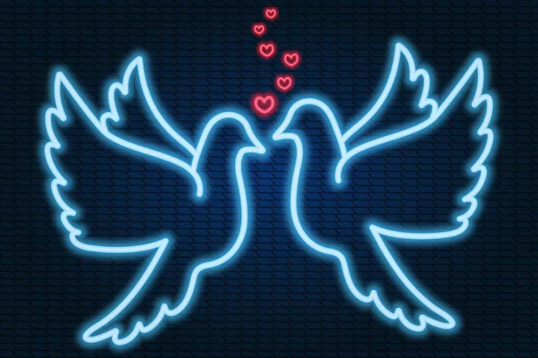 Пара Влюбленных Голубей Сердца Знак Любви Неоновое Свечение Птицы Машут — стоковый вектор