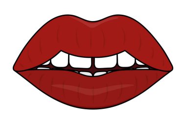 Dudaklar. Seksi ağız açık. Renkli vektör çizimi. Çizgi film tarzı. Ortasında boşluk olan bir sıra beyaz dişli. Rujun sulu bir tonu. İzole edilmiş beyaz arka plan. Sevgililer Günü. Web tasarımı için fikir, davetiyeler, kartlar, çıkartmalar.