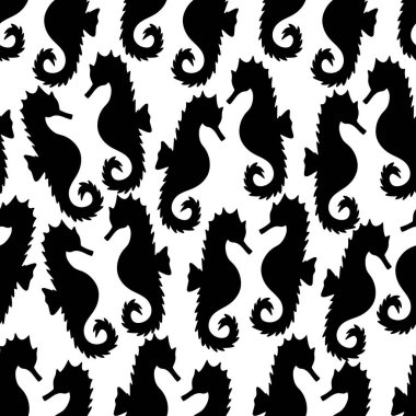Sea Horse. Silhouette. Repeating vector pattern. Isolated colorless background. Seamless marine ornament. Fish of the order of needle-like. Master of disguise. Ocean dweller. The horse is black. Idea for web design, wallpaper, cover, textile.
