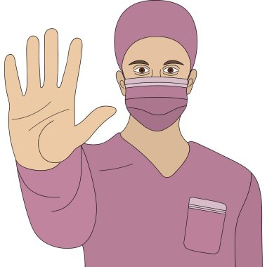 Tıbbi maskeli ve üniformalı bir doktor el hareketi gösteriyor. Nokta. Renkli vektör çizimi. Avuç içi hareketi. Sağlık çalışanı tehlikeye karşı uyardı. Gözleri delici bir terapist. İzole edilmiş beyaz arka plan. Çizgi film biçimi. 