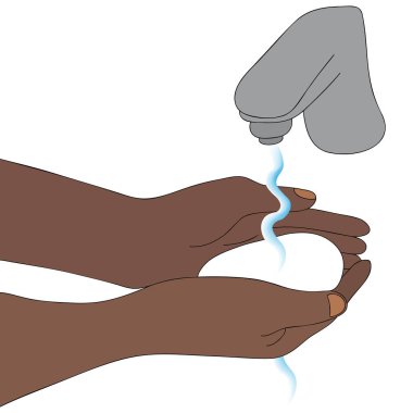 An African American woman washes her palms with soap. Colored vector illustration. Water is pouring from the tap. Washing hands under running water. Compliance with hygiene. Isolated white background. Purity is the guarantee of health. 
