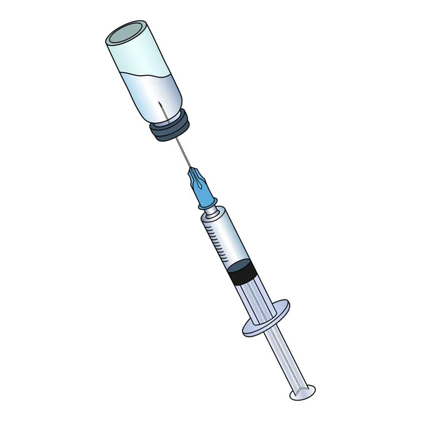 注射器注射 从瓶子里提取液体药物 彩色矢量图解 锋利的针 病人治疗 一个孤立的白色背景的轮廓 医疗仪器 健康主题 — 图库矢量图片