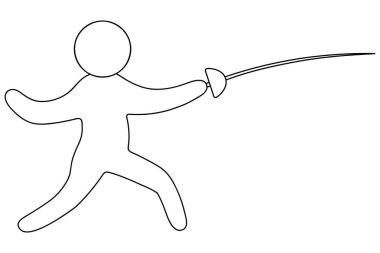 Sporcu bir kılıçla dövüşür. Robot resim. Vektör simgesi. Adam eskrim yapıyor. İzole edilmiş beyaz arka plan. Çocuklar için boyama kitabı. Doodle tarzı. Web tasarımı için fikir.