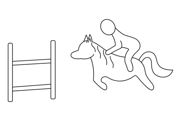 乗馬だ スケッチ ライダーは馬の障害を克服します ベクトル アイコン ライダーはカンカーの方向を示しています 速度のための距離を克服する 隔離された白い背景 子供向けのぬり絵 寄席風 — ストックベクタ