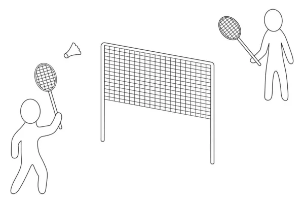 Two Athletes Playing Badminton Sketch Player Hits Shuttlecock Racket Net —  Vetores de Stock