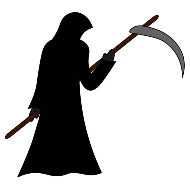 Ölüm meleği. Bornozlu paranormal bir varlık. Renkli vektör çizimi. İzole edilmiş beyaz arka plan. Çizgi film tarzı. Ölüm ruhu almak için geldi. Cadılar Bayramı sembolü Keskinleştirilmiş bıçak. Web tasarımı için fikir. Azizler Günü.