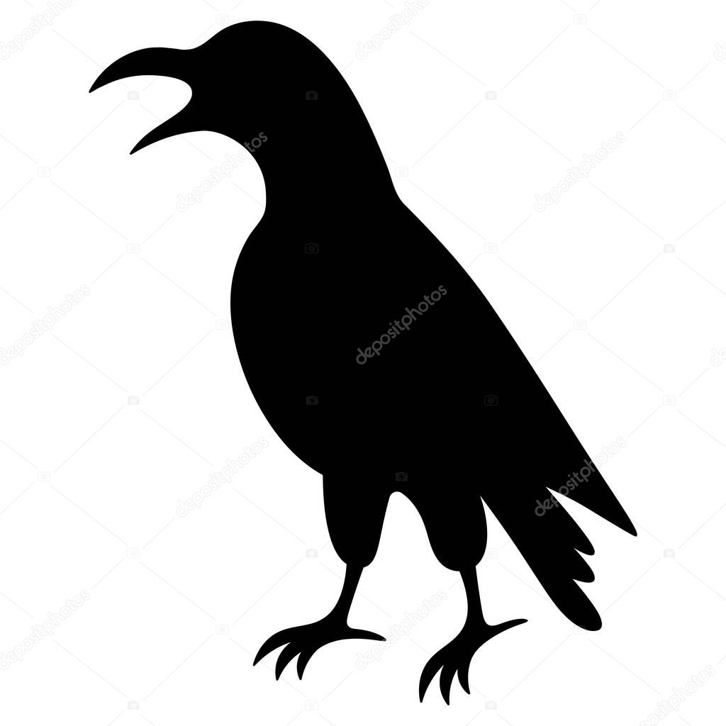 Crow. Silhouette. The mystical black bird croaks loudly. Vector illustration. Outline on an isolated white background. Halloween symbol. Messenger of the underworld. Scavenger bird. Creation associated with omens and superstitions. All Saints Day. 