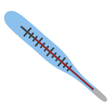 Merkür termometresi. Ateş ihtimaline karşı vücut ısısını ölçen bir cihaz. Kırmızı tartı. Renkli vektör çizimi. Hastalık belirtilerinin analizi için tıbbi cam cihaz. Düz stil. İzole edilmiş beyaz arka plan. Tıbbi konular.