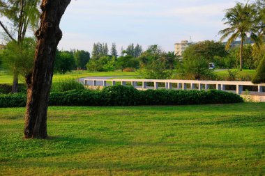 Yol yeşil çimenlerin ve ağaçların arasında, deniz kenarında bir gölet ve dağ 2 'de yürüyor.