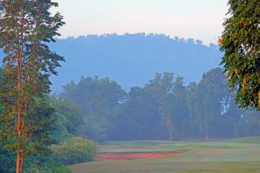 Dağdaki sislerin arasında golf sahasının yeşillik ağaçları.