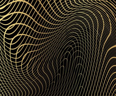 Altın rengi, lüks daire şeklinde ve üzerinde altın dalga çizgileri var. Soyut arkaplan, vektör illüstrasyonu