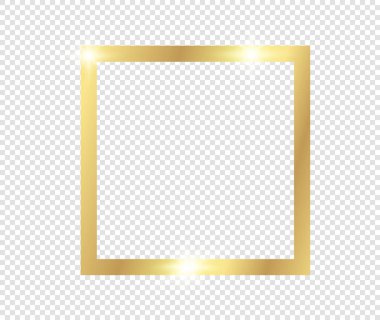 Şeffaf arkaplanda gölgeler olan altın gibi parlak bir çerçeve. Altın lüks, gerçekçi dikdörtgen sınır. İllüstrasyon - Vektör