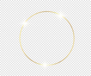 Şeffaf arkaplanda gölgeler olan altın gibi parlak bir çerçeve. Altın lüks, gerçekçi dikdörtgen sınır. İllüstrasyon - Vektör