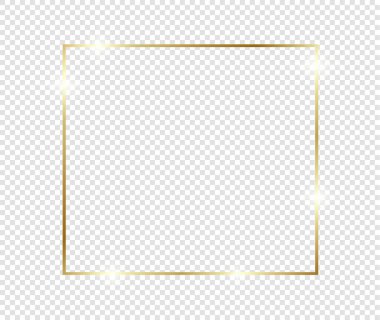 Şeffaf arkaplanda gölgeler olan altın gibi parlak bir çerçeve. Altın lüks, gerçekçi dikdörtgen sınır. İllüstrasyon - Vektör