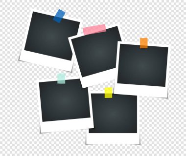 Yapışkan bantlı boş eski model fotoğraf çerçevesi. Fotogerçekçi maketler. Boş fotoğraf çerçeveleri. Fotoğraflarınız için Retro Fotoğraf Çerçeve Şablonu. İllüstrasyon - Vektör