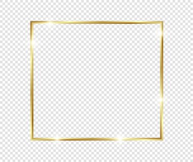 Şeffaf arkaplanda gölgeler olan altın gibi parlak bir çerçeve. Altın lüks, gerçekçi dikdörtgen sınır. İllüstrasyon - Vektör