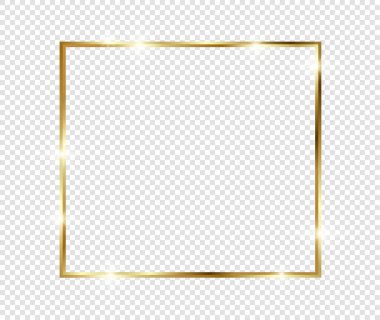 Şeffaf arkaplanda gölgeler olan altın gibi parlak bir çerçeve. Altın lüks, gerçekçi dikdörtgen sınır. İllüstrasyon - Vektör