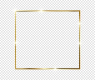 Şeffaf arkaplanda gölgeler olan altın gibi parlak bir çerçeve. Altın lüks, gerçekçi dikdörtgen sınır. İllüstrasyon - Vektör