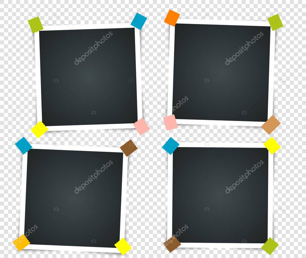 Set of empty vintage photo frame with adhesive tape. Photorealistic Mockups. Retro Template for your picture photos. illustration - Vector