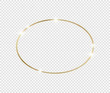 Şeffaf arkaplanda gölgeler olan altın gibi parlak bir çerçeve. Altın lüks, gerçekçi dikdörtgen sınır. İllüstrasyon - Vektör