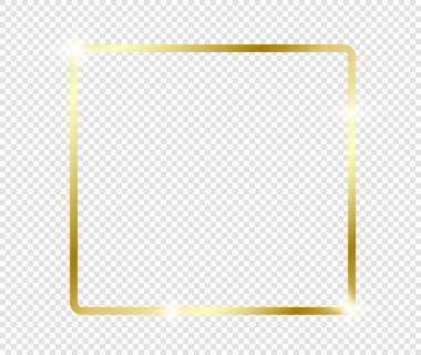 Şeffaf arkaplanda gölgeler olan altın gibi parlak bir çerçeve. Altın lüks, gerçekçi dikdörtgen sınır. İllüstrasyon - Vektör
