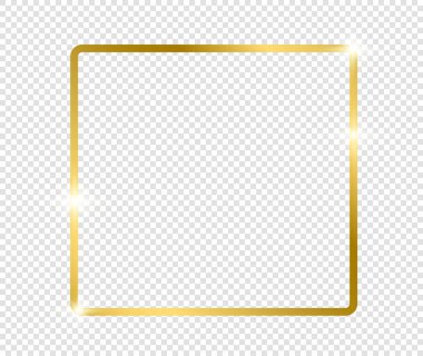 Şeffaf arkaplanda gölgeler olan altın gibi parlak bir çerçeve. Altın lüks, gerçekçi dikdörtgen sınır. İllüstrasyon - Vektör