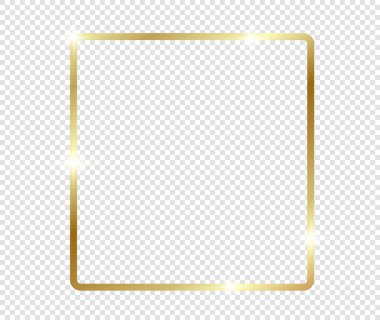 Şeffaf arkaplanda gölgeler olan altın gibi parlak bir çerçeve. Altın lüks, gerçekçi dikdörtgen sınır. İllüstrasyon - Vektör