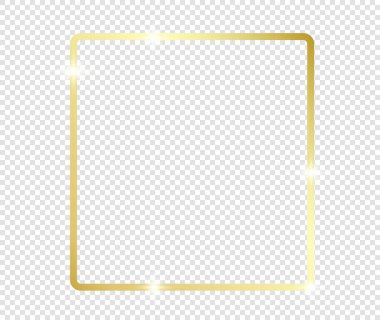 Şeffaf arkaplanda gölgeler olan altın gibi parlak bir çerçeve. Altın lüks, gerçekçi dikdörtgen sınır. İllüstrasyon - Vektör