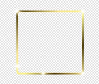 Şeffaf arkaplanda gölgeler olan altın gibi parlak bir çerçeve. Altın lüks, gerçekçi dikdörtgen sınır. İllüstrasyon - Vektör