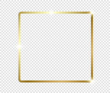 Şeffaf arkaplanda gölgeler olan altın gibi parlak bir çerçeve. Altın lüks, gerçekçi dikdörtgen sınır. İllüstrasyon - Vektör