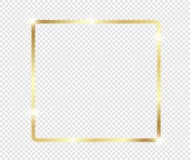 Şeffaf arkaplanda gölgeler olan altın gibi parlak bir çerçeve. Altın lüks, gerçekçi dikdörtgen sınır. İllüstrasyon - Vektör
