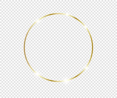 Şeffaf arkaplanda gölgeler olan altın gibi parlak bir çerçeve. Altın lüks, gerçekçi dikdörtgen sınır. İllüstrasyon - Vektör