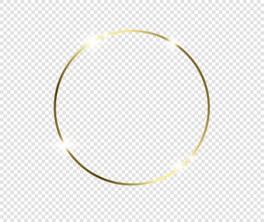 Şeffaf arkaplanda gölgeler olan altın gibi parlak bir çerçeve. Altın lüks, gerçekçi dikdörtgen sınır. İllüstrasyon - Vektör