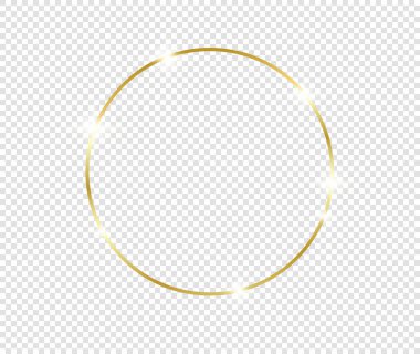 Şeffaf arkaplanda gölgeler olan altın gibi parlak bir çerçeve. Altın lüks, gerçekçi dikdörtgen sınır. İllüstrasyon - Vektör