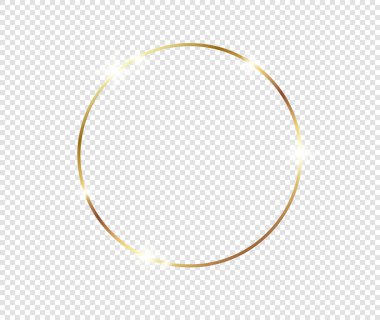 Şeffaf arkaplanda gölgeler olan altın gibi parlak bir çerçeve. Altın lüks, gerçekçi dikdörtgen sınır. İllüstrasyon - Vektör