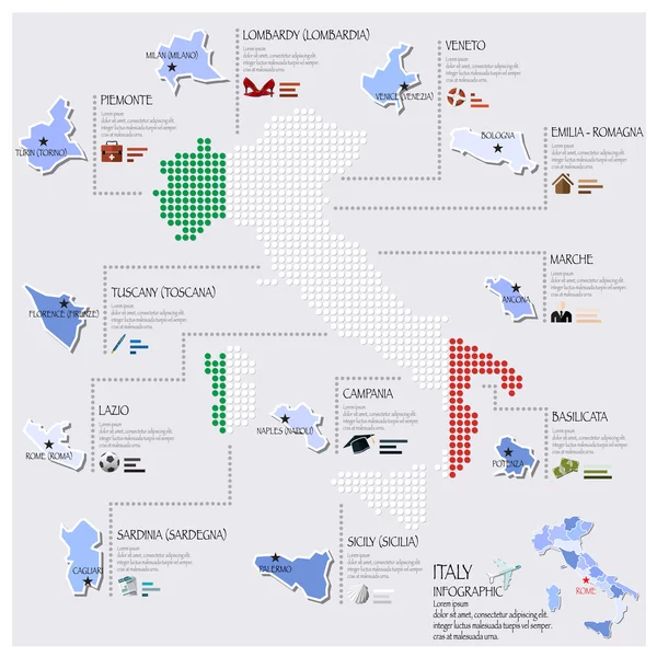 Punkte- und Flaggenkarte von Italien infografisches Design — Stockvektor