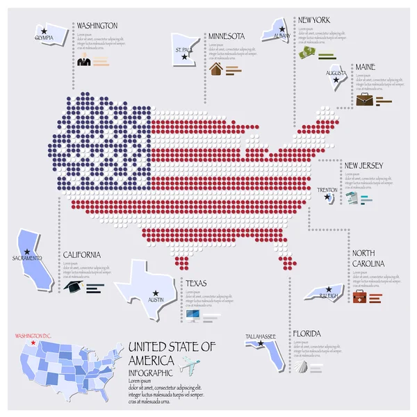 Nokta ve bayrak harita Amerika Infographic tasarım — Stok Vektör