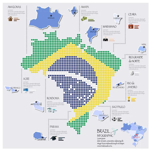 Mapa de ponto e bandeira do Brasil Design Infográfico — Vetor de Stock