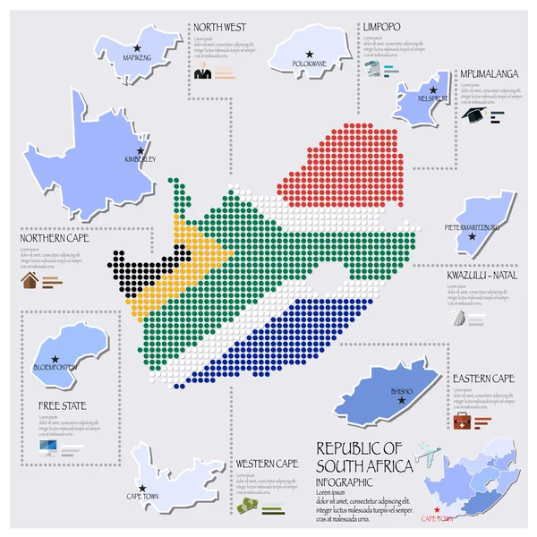 Mapa de punteado y bandera de Sudáfrica Infografía Diseño — Archivo Imágenes Vectoriales