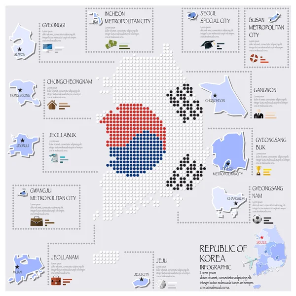 Mapa de punto y bandera de la República de Corea Infografía Diseño — Archivo Imágenes Vectoriales