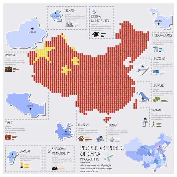 Punto e bandiera mappa della Cina disegno infografico — Vettoriale Stock